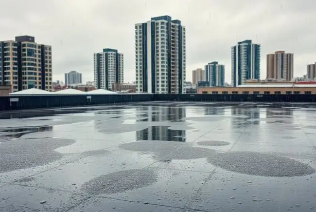 flat roof with puddles of water after a storm